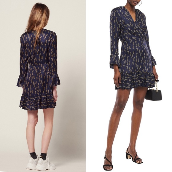 SANDRO Silk Satin Chain Print Draped V-Neck Long Bell Sleeve Ruffle Hem Dress XS - Picture 2 of 11